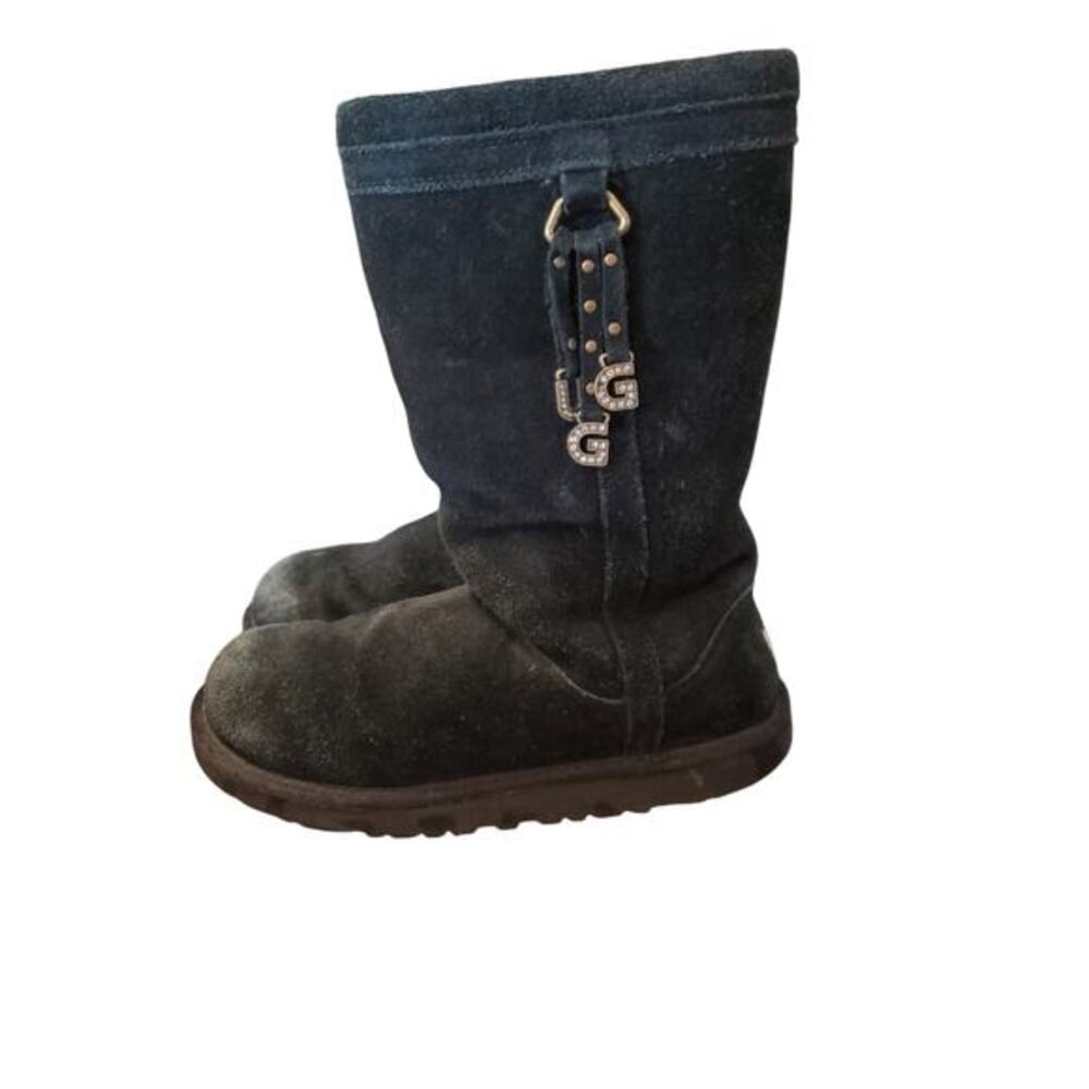 UGG Boots Sz 5 Larynn Tall Black Suede Fur Lined Ugg Rhinestone Charms